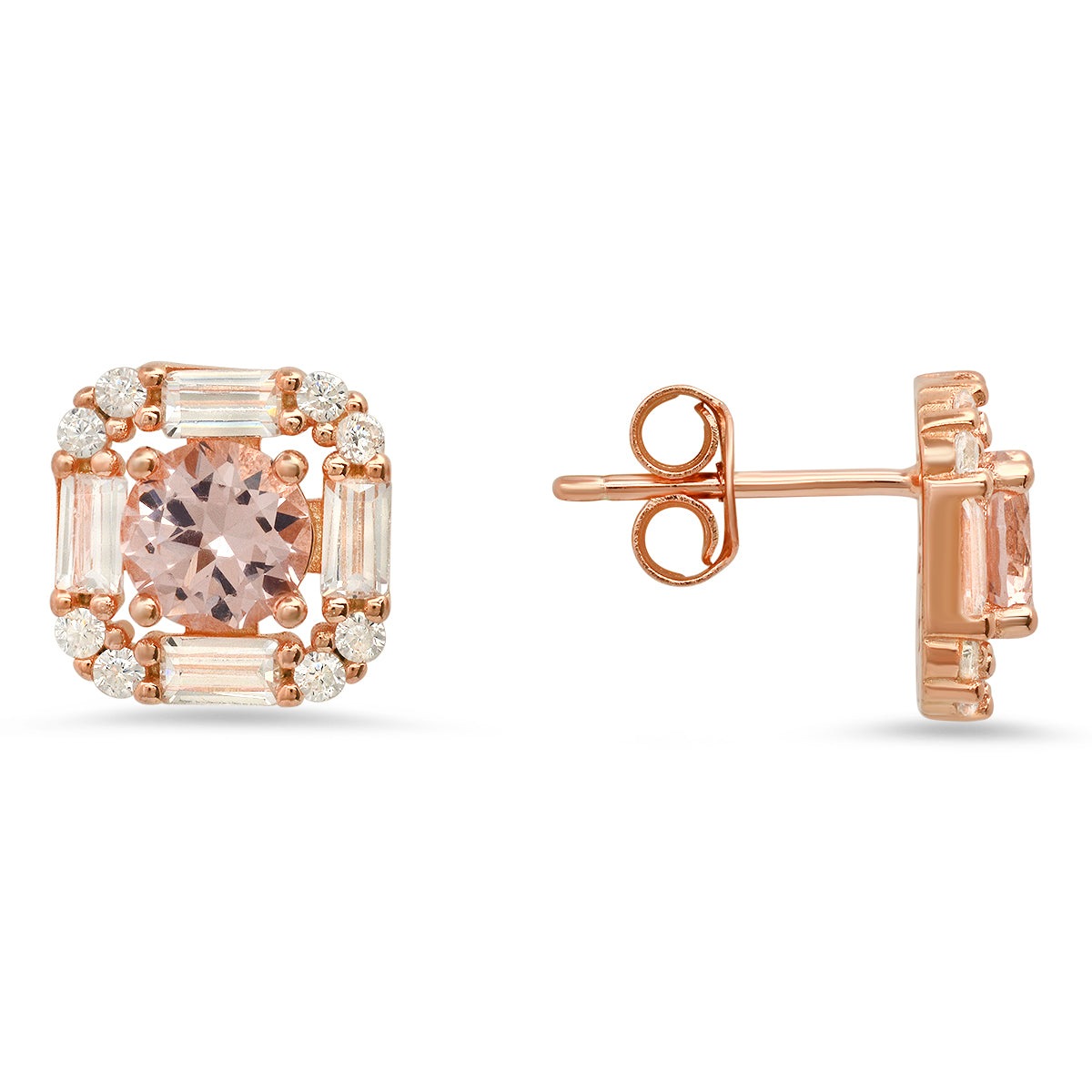 Rose Gold Over Silver Morganite CZ Halo Stud Earrings