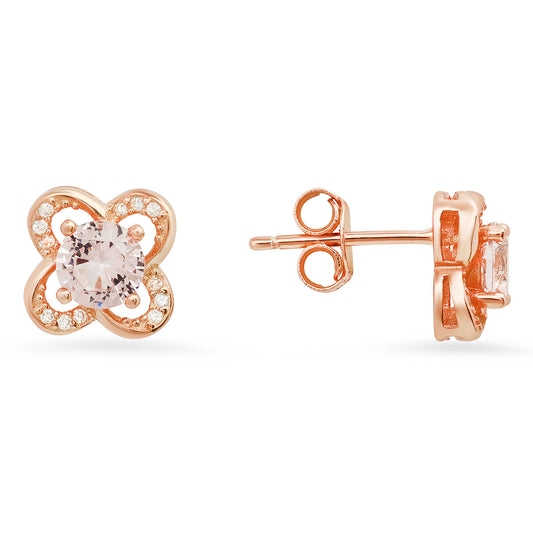 Rose Gold Over Silver Morganite CZ Flower Stud Earrings