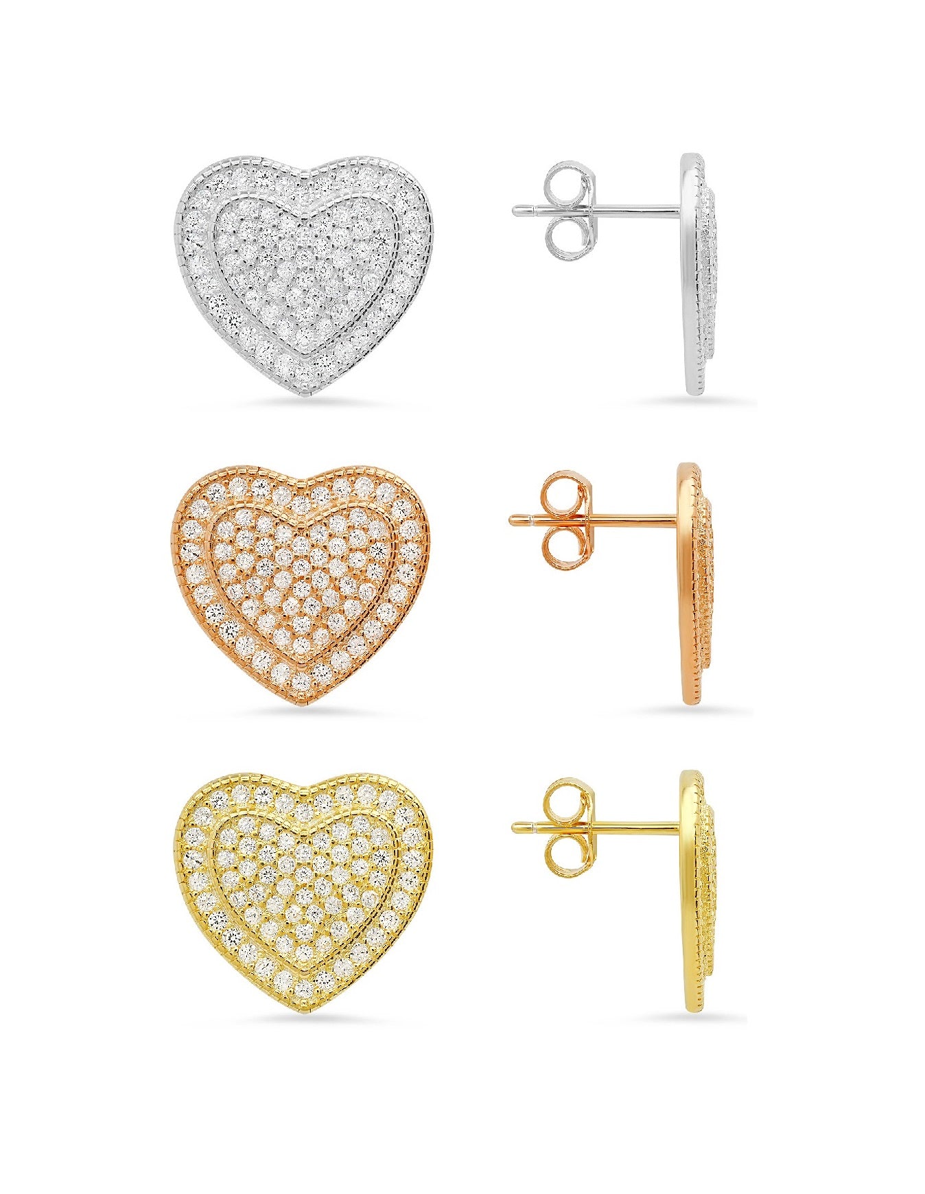Sterling Silver Pave CZ Heart Stud Earrings
