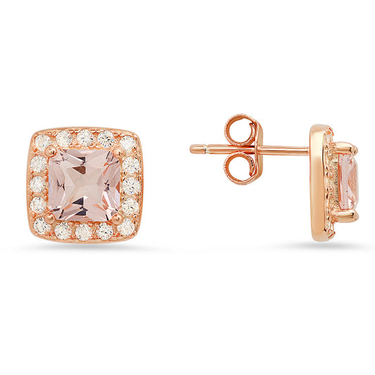 Rose Gold Over Silver Morganite CZ Halo Stud Earrings