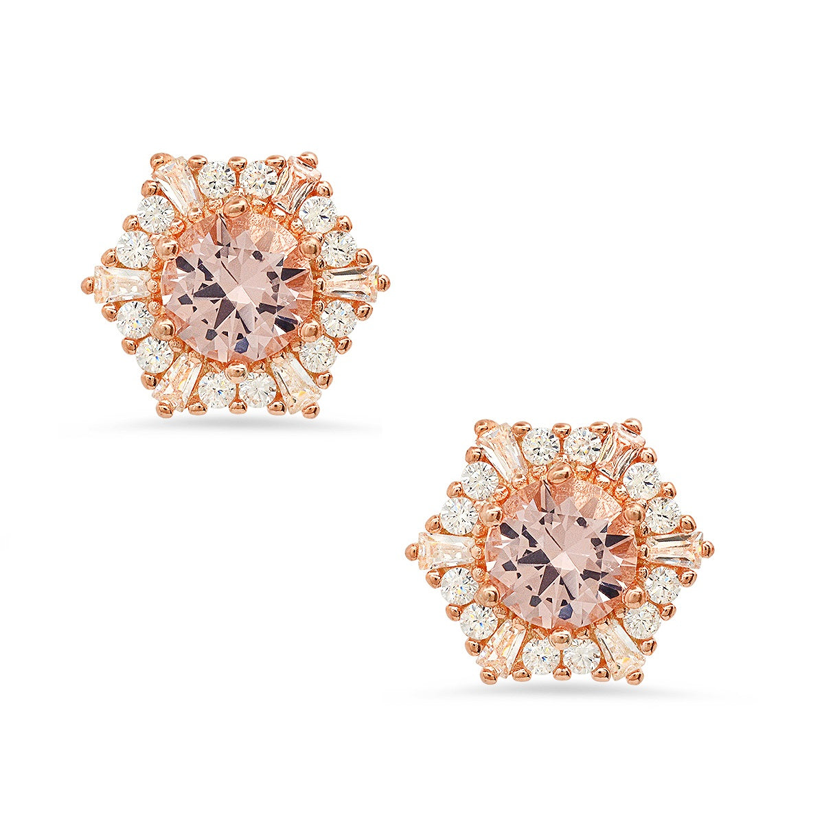 Rose Gold Over Silver Hexagon Morganite CZ Halo Stud Earrings