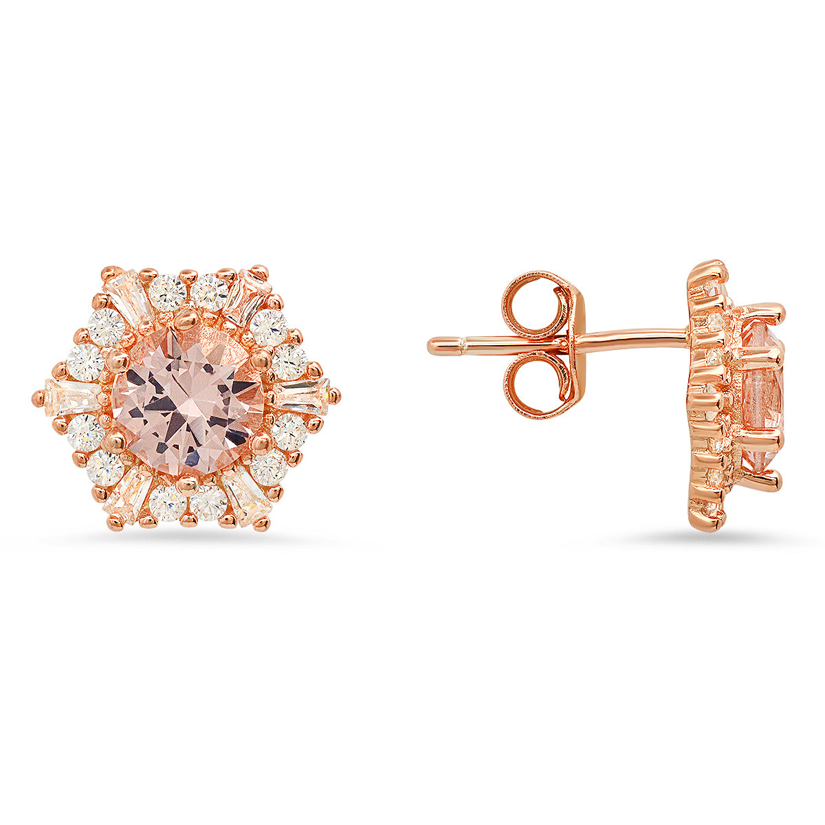 Rose Gold Over Silver Hexagon Morganite CZ Halo Stud Earrings