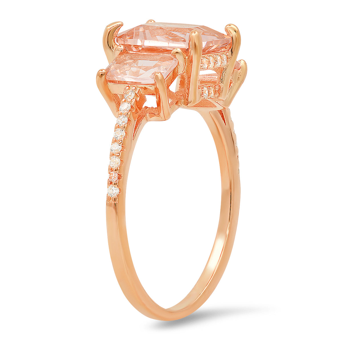 Rose Gold Over Silver 3-Stone Morganite CZ Ring