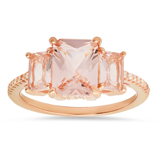 Rose Gold Over Silver 3-Stone Morganite CZ Ring