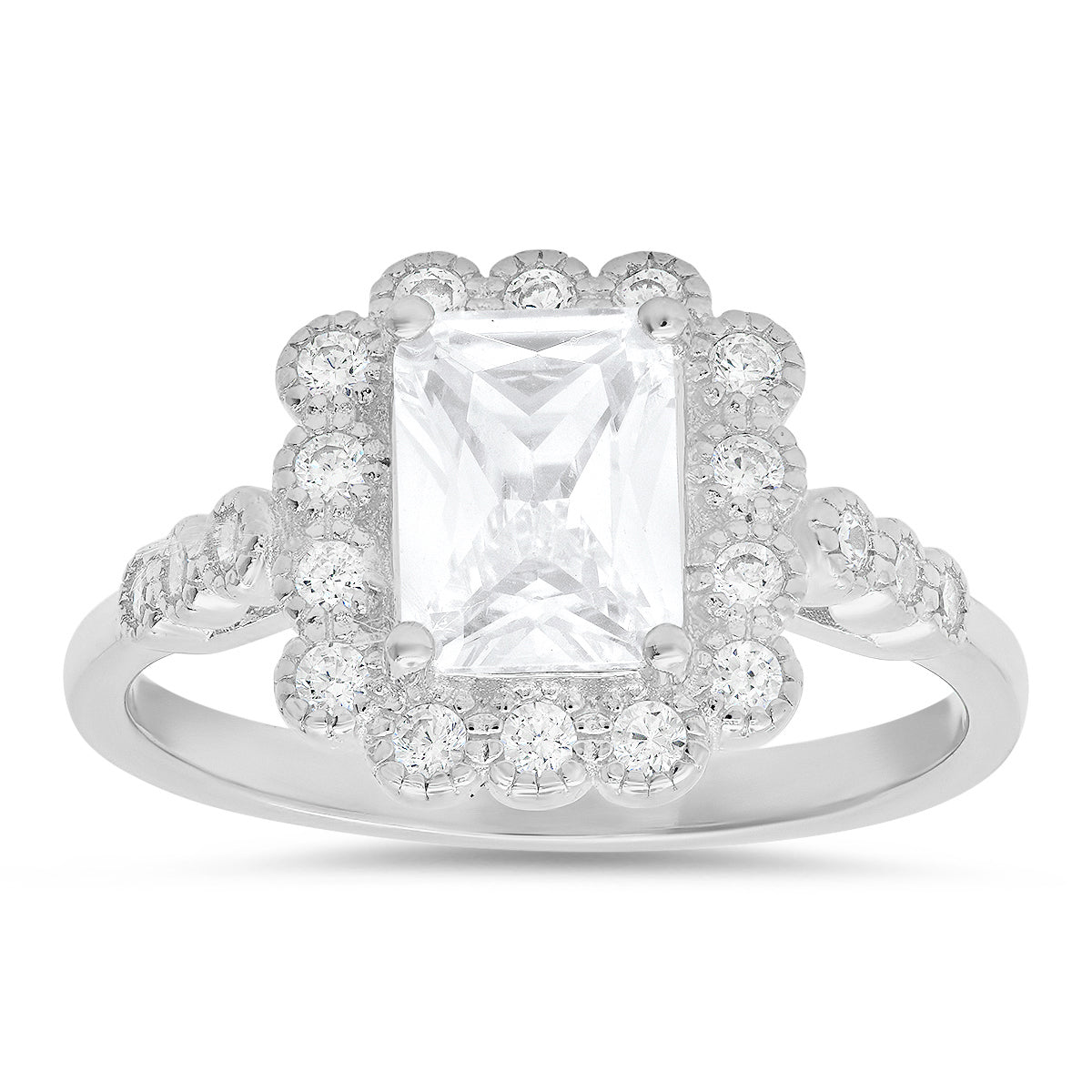 Sterling Silver Emerald-cut CZ Halo Floral Ring