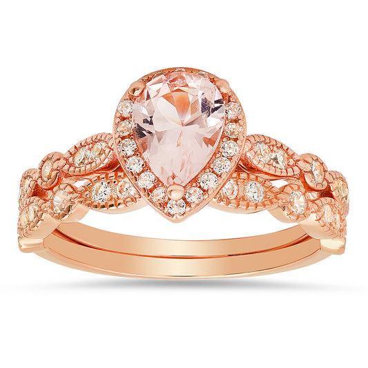 Rose Gold Over Silver 2pc Morganite CZ Stackable Ring Set