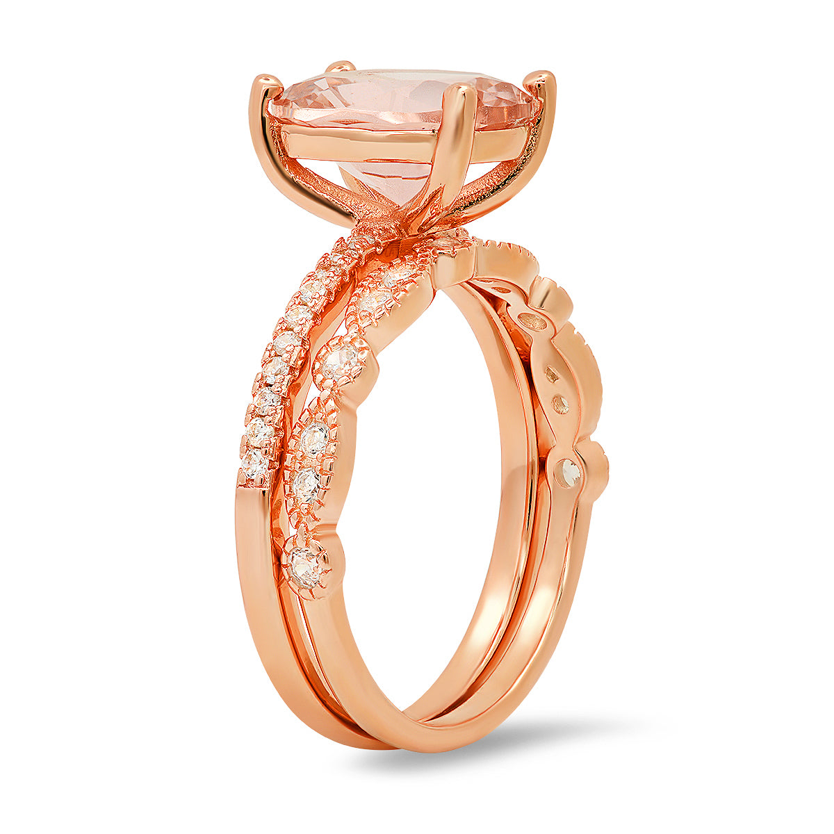 Rose Gold Over Silver Oval-cut Morganite CZ 2pc Stackable Ring Set