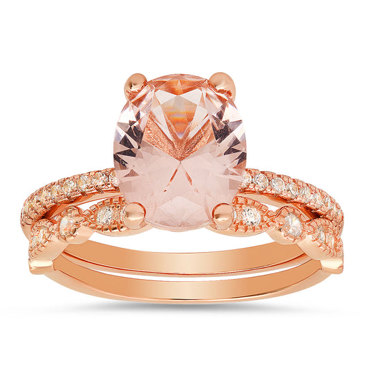 Rose Gold Over Silver Oval-cut Morganite CZ 2pc Stackable Ring Set