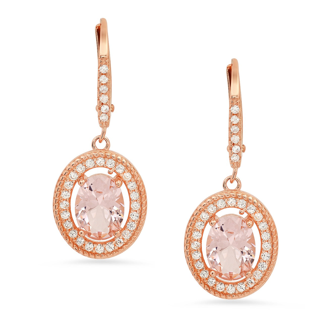 Rose Gold Over Silver Twisted Rope Halo Morganite CZ Leverback Earrings