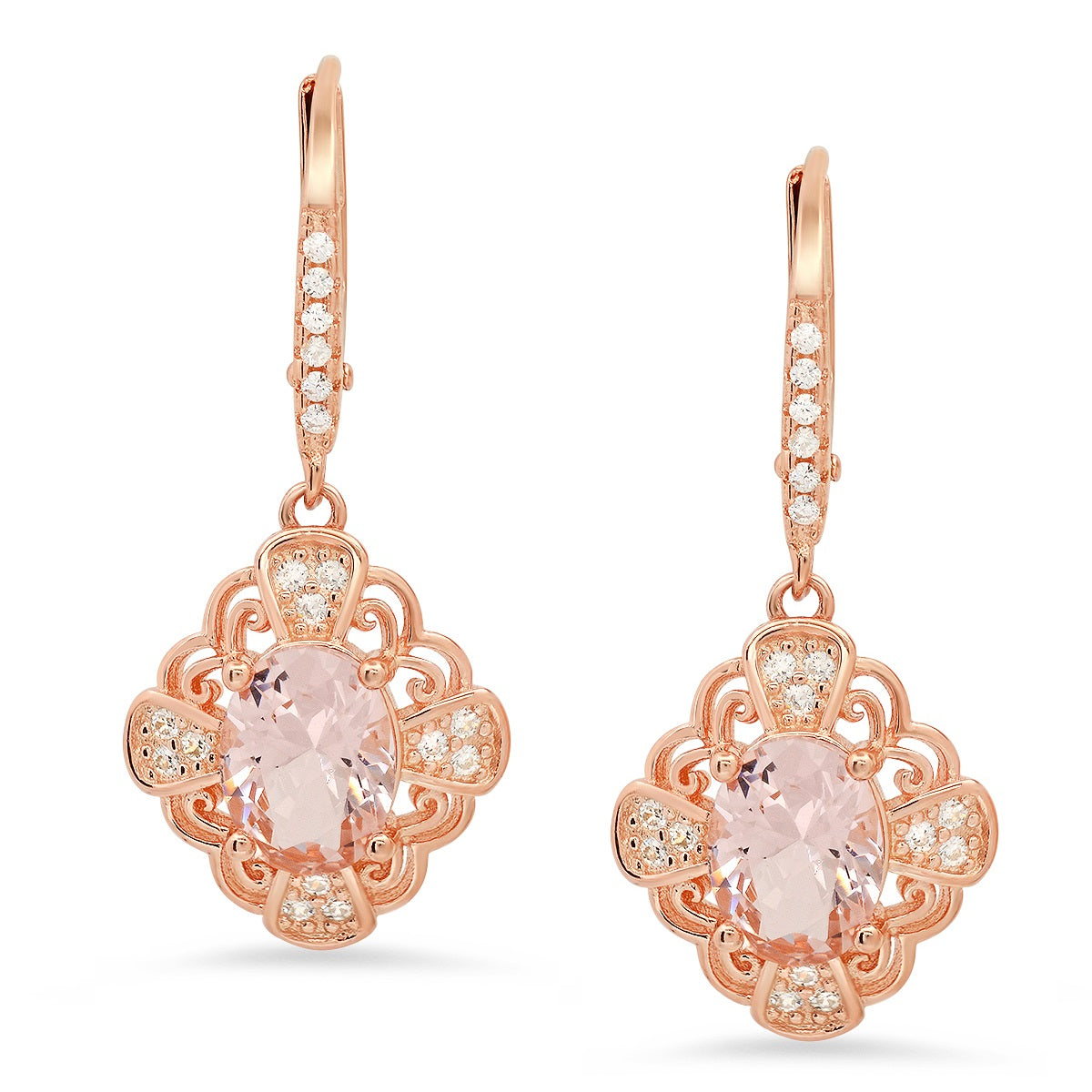 Rose Gold Over Silver Vintage Filigree Morganite CZ Leverback Earrings