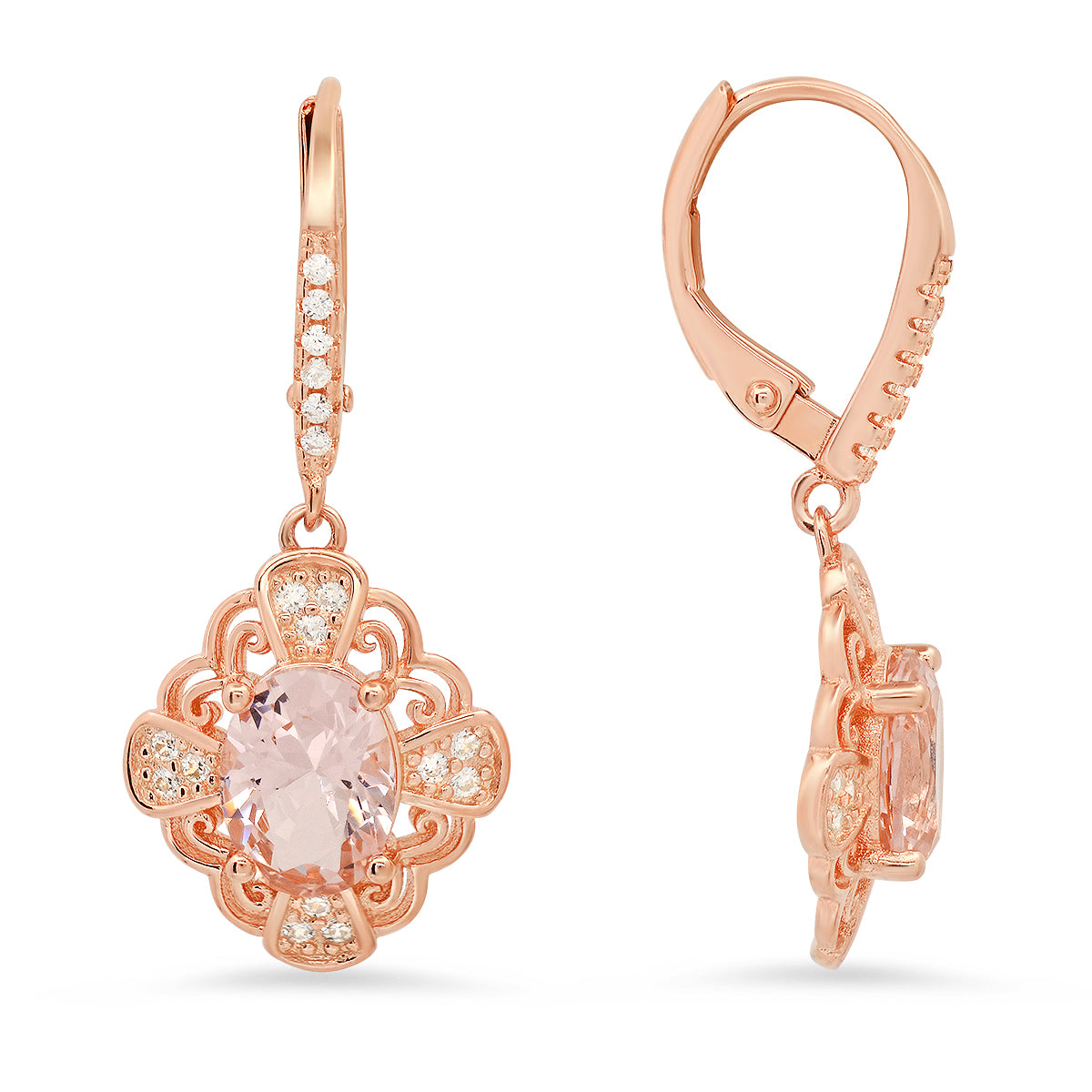 Rose Gold Over Silver Vintage Filigree Morganite CZ Leverback Earrings