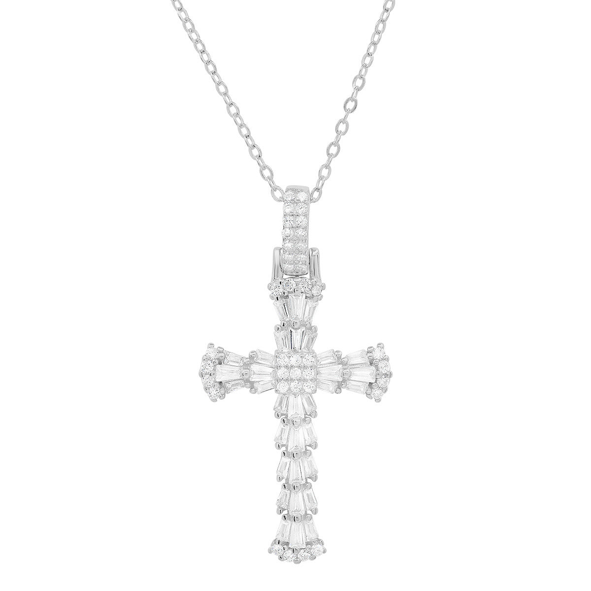 Sterling Silver Luxurious Baguette-cut CZ Cross Pendant