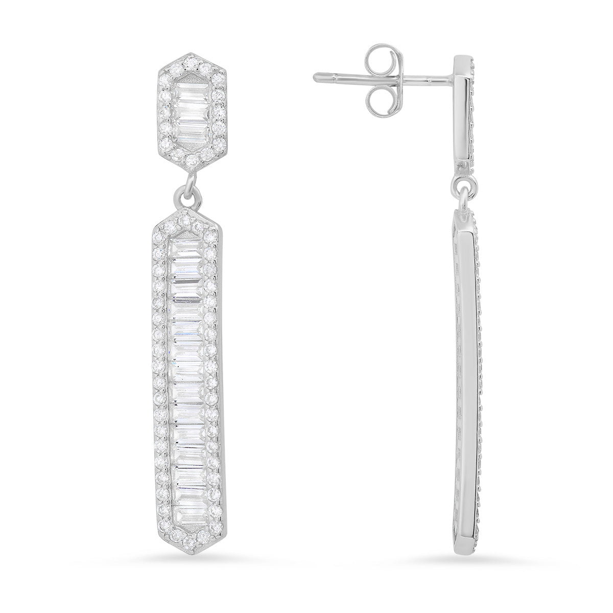 Sterling Silver Dangling Diamond Bar Earrings