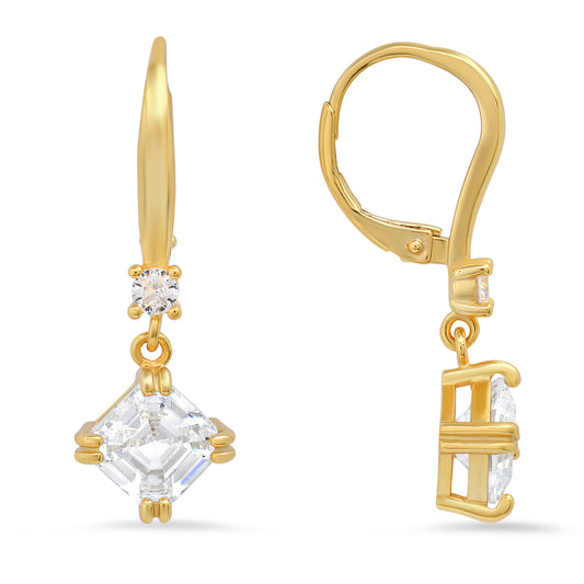 Sterling Silver Dangling Asscher-cut Diamond Earrings