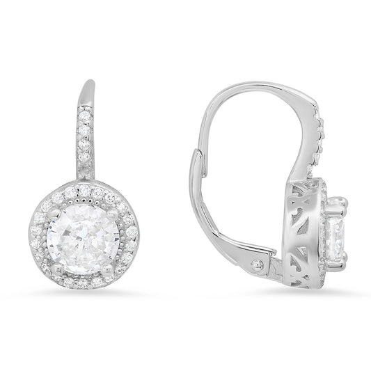 Sterling Silver Diamond Halo Leverback Earrings