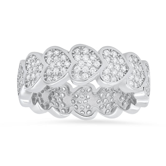 Sterling Silver Pave Diamond CZ Heart Eternity Band Ring