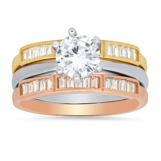 Sterling Silver Tri-Color 3pc Stackable CZ Ring Set