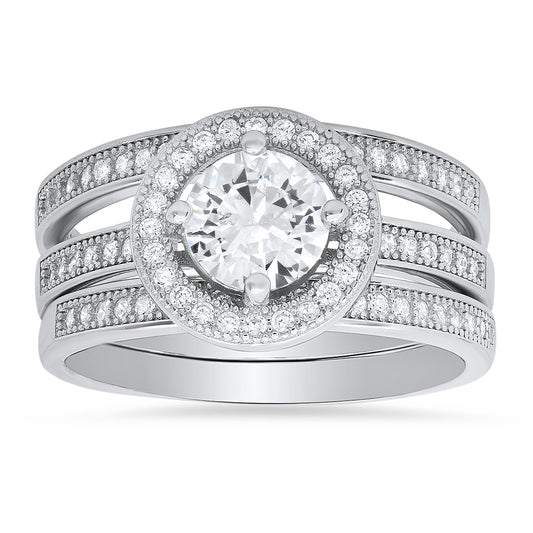 Sterling Silver Round-cut Halo 3pc Stackable CZ Ring Set