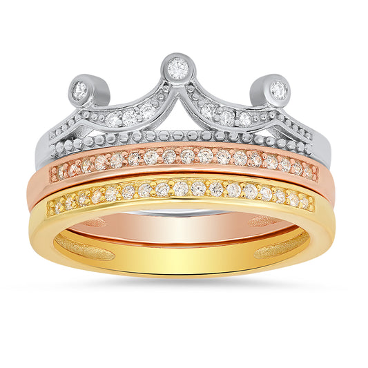 Sterling Silver Tri-Color 3pc Crown CZ Stackable Ring Set