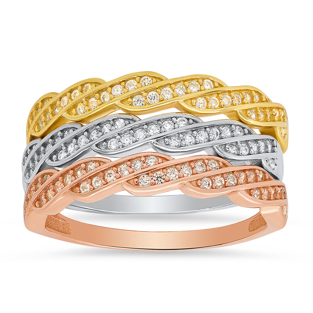 Sterling Silver Tri-Color 3pc Swirl CZ Stackable Ring Set