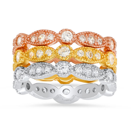 Sterling Silver Tri-Color 3pc Stackable CZ Ring Set