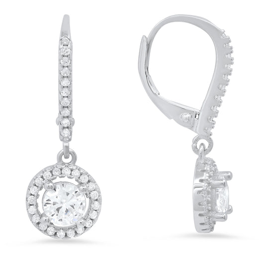 Sterling Silver Halo CZ Leverback Earrings